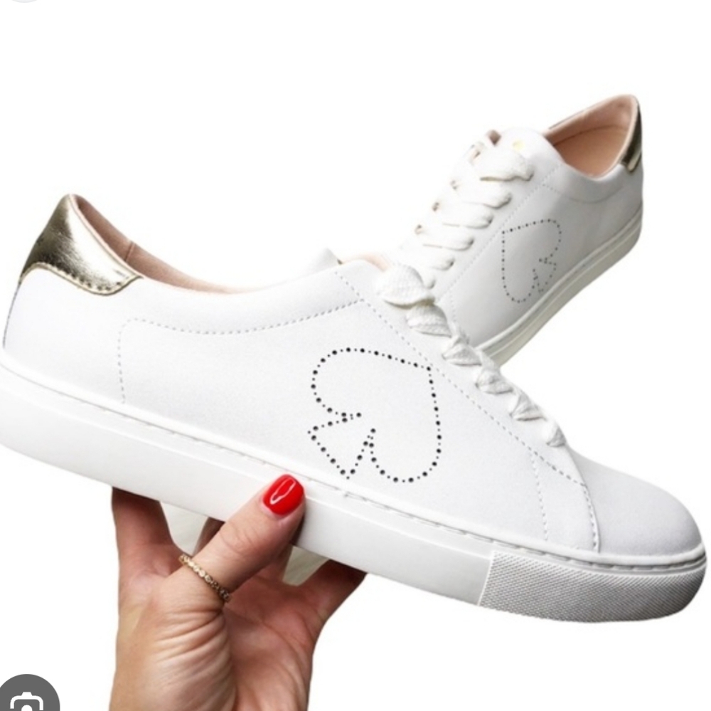 🩷Kate Spade Angelise White Leather Silhouette Logo Pink Tail Sneakers Sz6.5🩷
